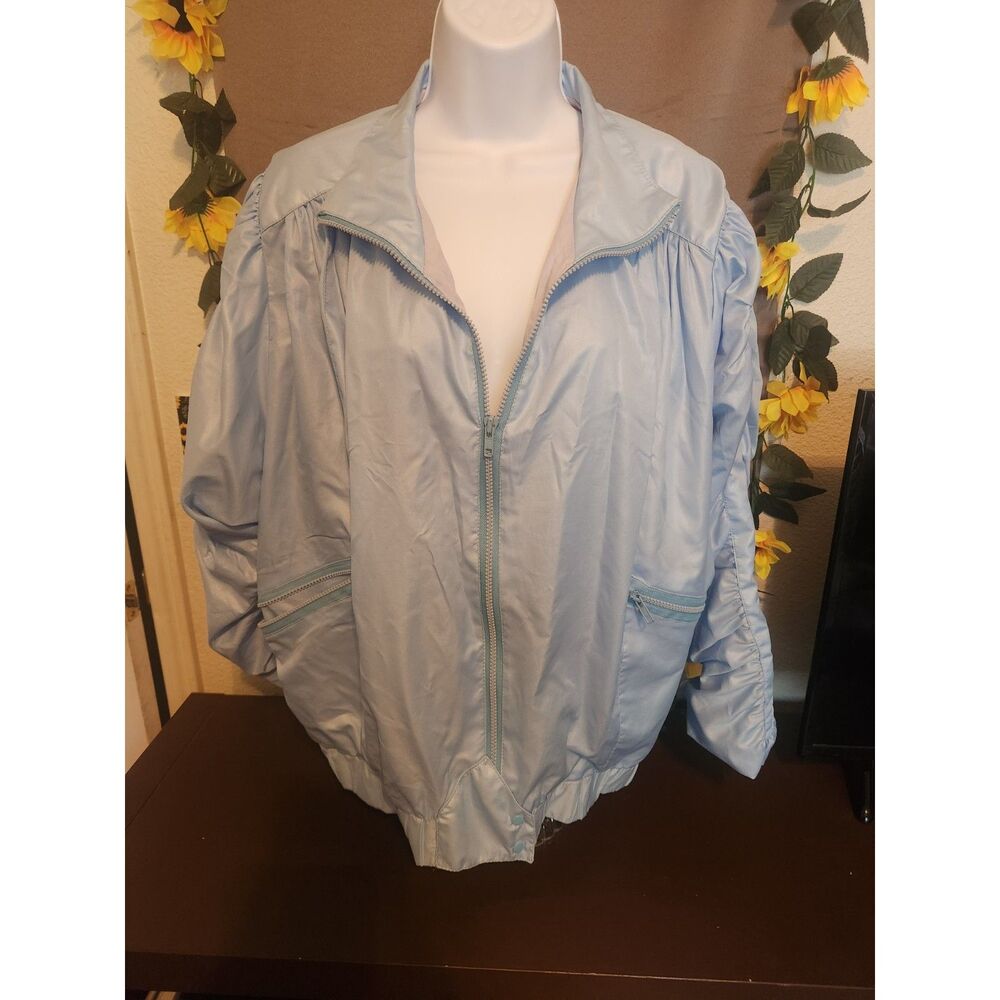 Vintage 80s Antonio Trempoli Bomber Jacket Blue Ruched Puff Sleeve Zip Up S/M